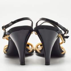Pre Owned Chanel Gold/Black Leather and Patent CC Ankle Strap Sandals Size 38.5