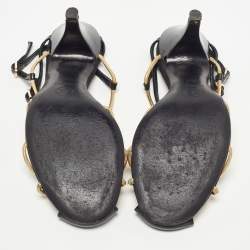 Pre Owned Chanel Gold/Black Leather and Patent CC Ankle Strap Sandals Size 38.5