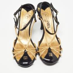 Pre Owned Chanel Gold/Black Leather and Patent CC Ankle Strap Sandals Size 38.5