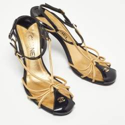 Pre Owned Chanel Gold/Black Leather and Patent CC Ankle Strap Sandals Size 38.5