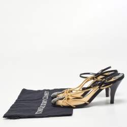Pre Owned Chanel Gold/Black Leather and Patent CC Ankle Strap Sandals Size 38.5