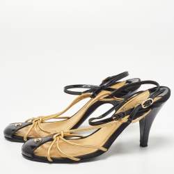 Pre Owned Chanel Gold/Black Leather and Patent CC Ankle Strap Sandals Size 38.5
