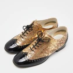 Chanel Metallic Gold/Black Patent Leather Brogue Lace-Up Oxford  Size 37