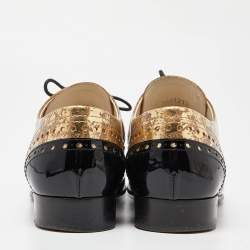 Chanel Metallic Gold/Black Patent Leather Brogue Lace-Up Oxford  Size 37