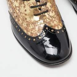 Chanel Metallic Gold/Black Patent Leather Brogue Lace-Up Oxford  Size 37