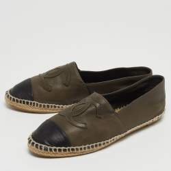 Chanel Green/Black Leather CC Espadrille Flats Size 35