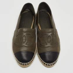Chanel Green/Black Leather CC Espadrille Flats Size 35