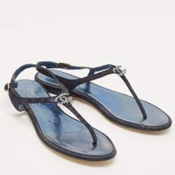 Chanel Navy Blue Texture Suede CC Thong  Flats Size 39
