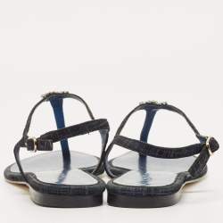 Chanel Navy Blue Texture Suede CC Thong  Flats Size 39
