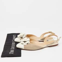 Chanel Beige/Cream Canvas and Patent Cap Toe CC Camelia Slingback Flats Size 36