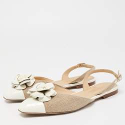 Chanel Beige/Cream Canvas and Patent Cap Toe CC Camelia Slingback Flats Size 36