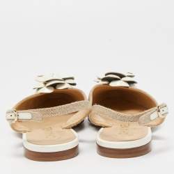 Chanel Beige/Cream Canvas and Patent Cap Toe CC Camelia Slingback Flats Size 36