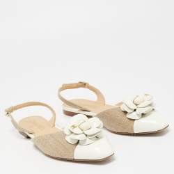 Chanel Beige/Cream Canvas and Patent Cap Toe CC Camelia Slingback Flats Size 36