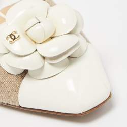 Chanel Beige/Cream Canvas and Patent Cap Toe CC Camelia Slingback Flats Size 36