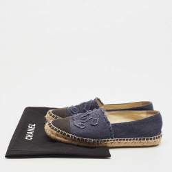 Pre Owned Chanel Navy Blue/Black Canvas CC Espadrille Flats Size 38