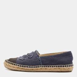 Pre Owned Chanel Navy Blue/Black Canvas CC Espadrille Flats Size 38
