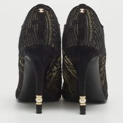 Chanel Black Lace and Suede Lace Up Ankle Booties Size 37