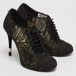 Chanel Black Lace and Suede Lace Up Ankle Booties Size 37