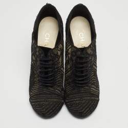 Chanel Black Lace and Suede Lace Up Ankle Booties Size 37