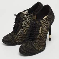 Chanel Black Lace and Suede Lace Up Ankle Booties Size 37