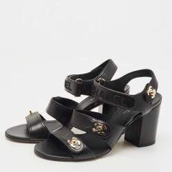 Pre Owned Chanel Black Leather Interlocking CC Sandals Size 38.5