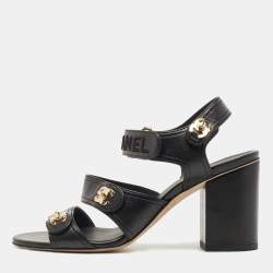 Pre Owned Chanel Black Leather Interlocking CC Sandals Size 38.5
