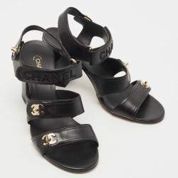 Pre Owned Chanel Black Leather Interlocking CC Sandals Size 38.5