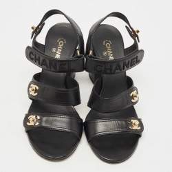 Pre Owned Chanel Black Leather Interlocking CC Sandals Size 38.5