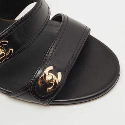 Pre Owned Chanel Black Leather Interlocking CC Sandals Size 38.5