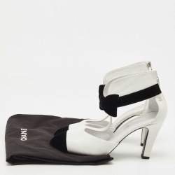 Pre Owned Chanel White/Black Leather And Velvet Cap Toe CC Bow Cut Out Ankle Boots Size 37.5