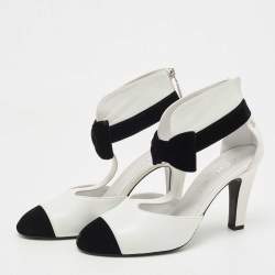 Pre Owned Chanel White/Black Leather And Velvet Cap Toe CC Bow Cut Out Ankle Boots Size 37.5