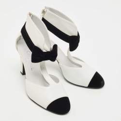 Pre Owned Chanel White/Black Leather And Velvet Cap Toe CC Bow Cut Out Ankle Boots Size 37.5