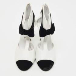 Pre Owned Chanel White/Black Leather And Velvet Cap Toe CC Bow Cut Out Ankle Boots Size 37.5