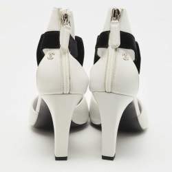 Pre Owned Chanel White/Black Leather And Velvet Cap Toe CC Bow Cut Out Ankle Boots Size 37.5