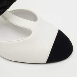 Pre Owned Chanel White/Black Leather And Velvet Cap Toe CC Bow Cut Out Ankle Boots Size 37.5