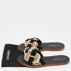 Chanel Black/White Braid Fabric Pearl Flat Slides Size  40