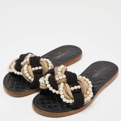 Chanel Black/White Braid Fabric Pearl Flat Slides Size  40