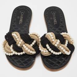 Chanel Black/White Braid Fabric Pearl Flat Slides Size  40
