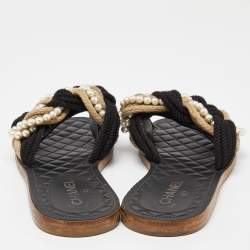 Chanel Black/White Braid Fabric Pearl Flat Slides Size  40