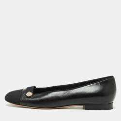 Pre Owned Chanel Black Leather and Canvas Pearl Detail Ballet Flats Size 41