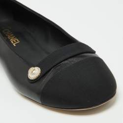 Pre Owned Chanel Black Leather and Canvas Pearl Detail Ballet Flats Size 41