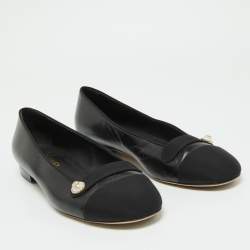 Pre Owned Chanel Black Leather and Canvas Pearl Detail Ballet Flats Size 41