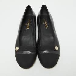 Pre Owned Chanel Black Leather and Canvas Pearl Detail Ballet Flats Size 41