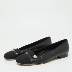 Pre Owned Chanel Black Leather and Canvas Pearl Detail Ballet Flats Size 41