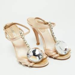 Chanel  Beige Satin Crystal Embellished Slingback Sandals Size 39.5