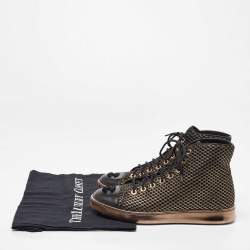 Pre Owned Chanel Metallic Gold/Black Mesh and Leather CC High Top Sneakers Size 36