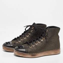 Pre Owned Chanel Metallic Gold/Black Mesh and Leather CC High Top Sneakers Size 36