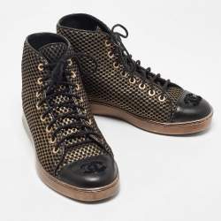 Pre Owned Chanel Metallic Gold/Black Mesh and Leather CC High Top Sneakers Size 36