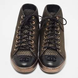 Pre Owned Chanel Metallic Gold/Black Mesh and Leather CC High Top Sneakers Size 36