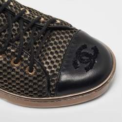 Pre Owned Chanel Metallic Gold/Black Mesh and Leather CC High Top Sneakers Size 36